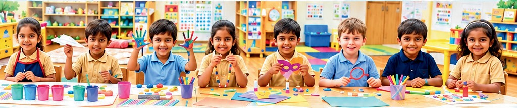 Children doing craft activities in a bright classroom